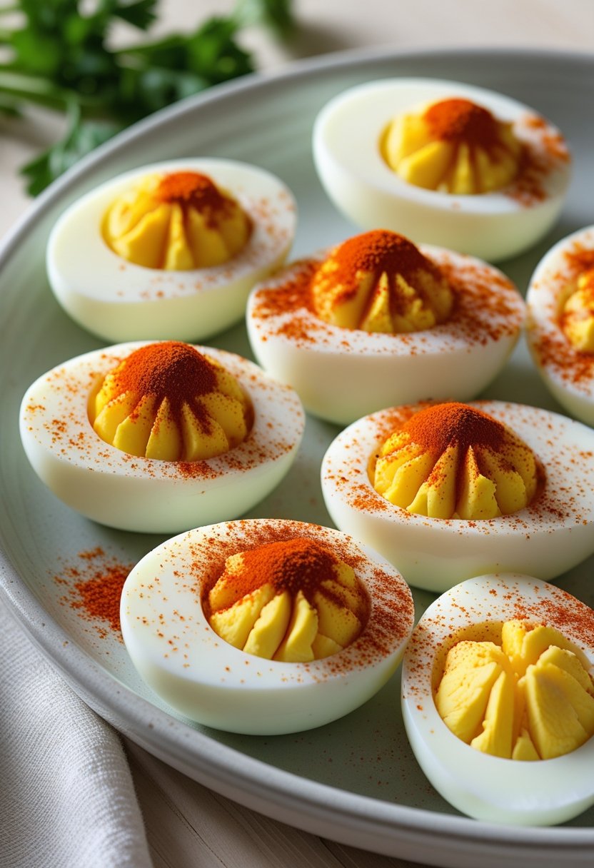 Seven hard-boiled egg halves sprinkled with paprika arranged on a white plate on a wooden surface.