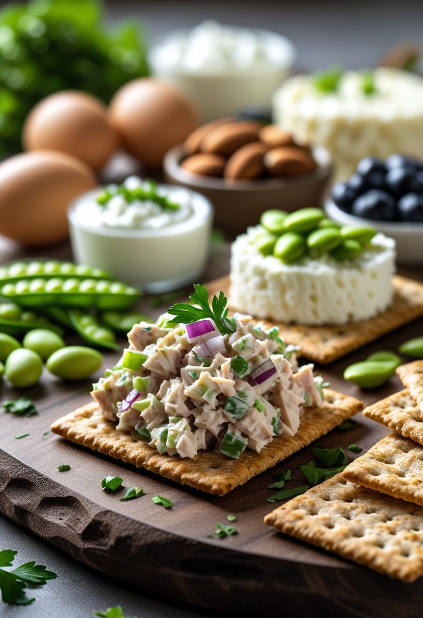 Tuna salad served on whole grain crackers surrounded by six other high protein snacks arranged on a wooden board.