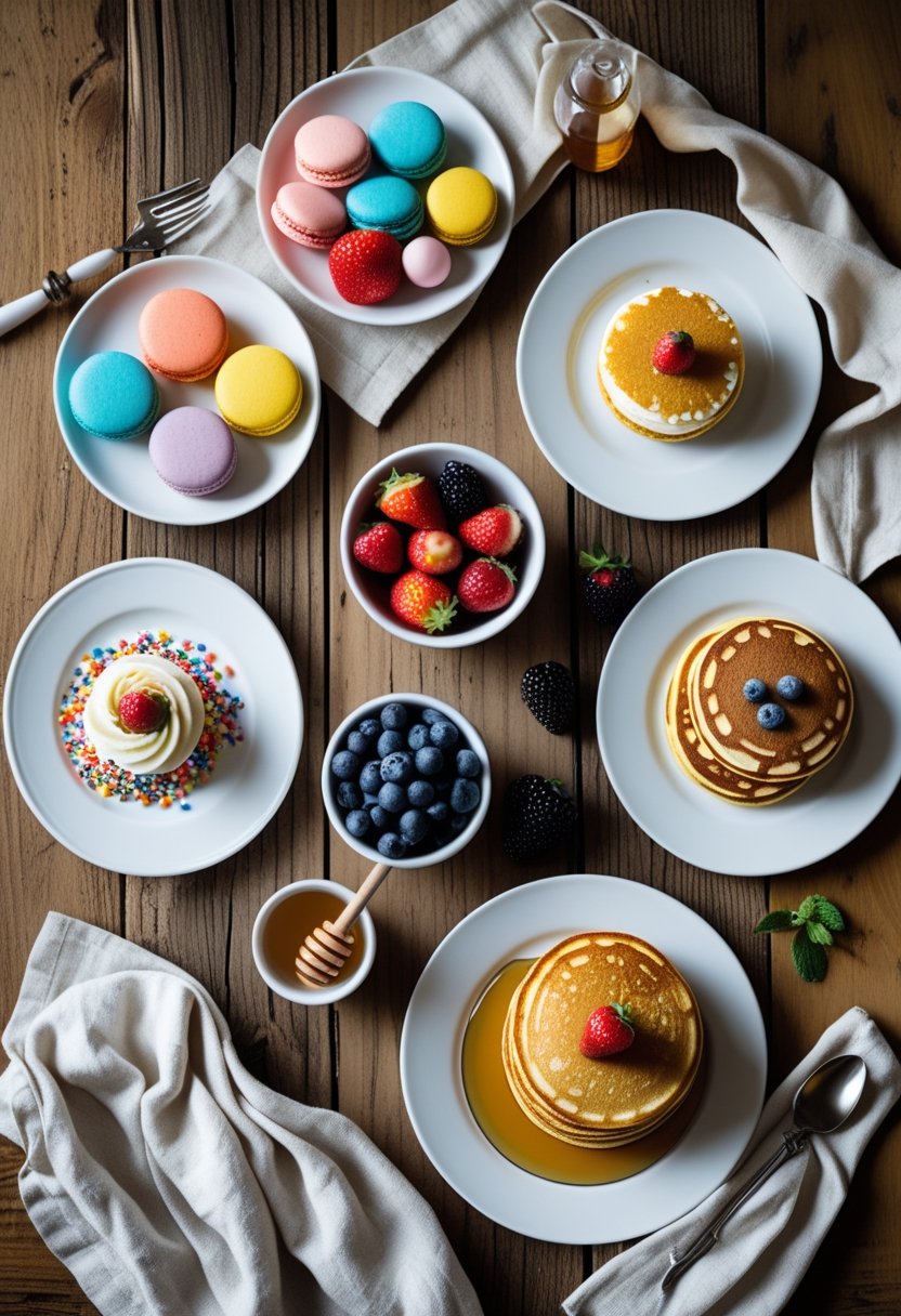 A top-down view of seven different sweet snacks arranged on a wooden table, including macarons, chocolate strawberries, cupcakes, cookies, berries, pancakes, and honey.