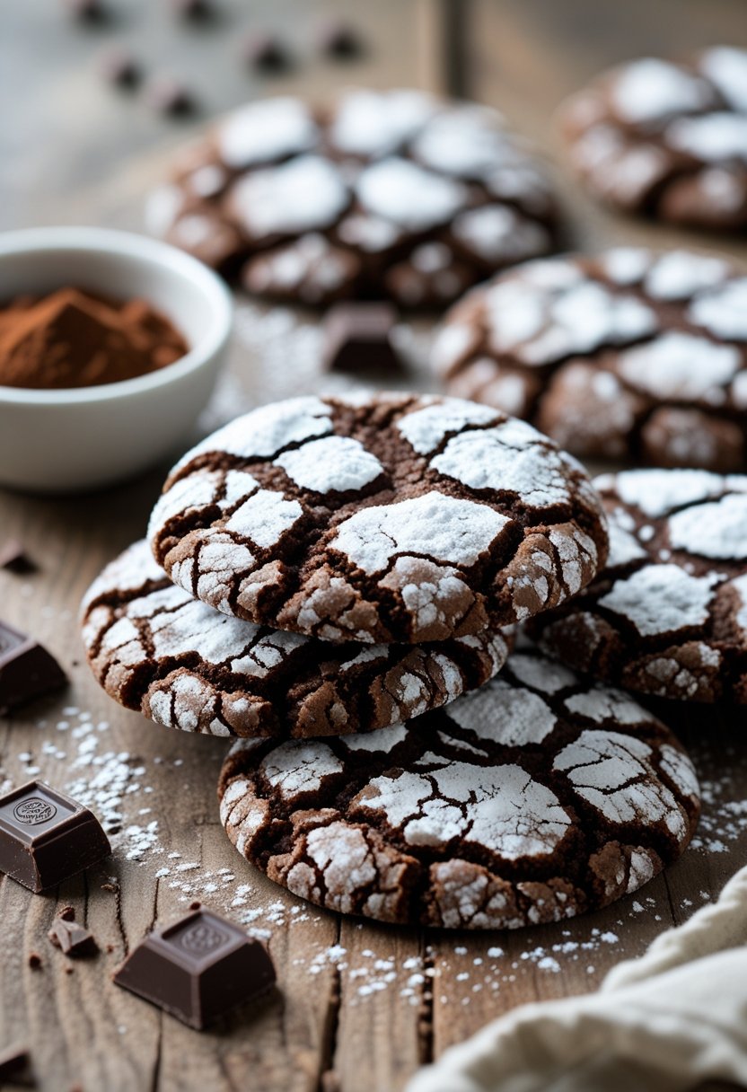 Close-up of freshly baked fudge crinkle cookies dusted with powdered sugar arranged on a wooden surface with baking ingredients nearby.