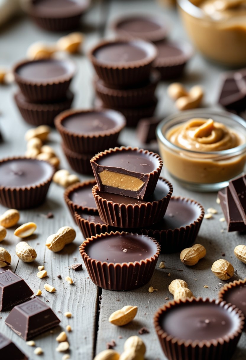 Close-up of chocolate peanut butter cups with peanut butter and peanuts on a wooden surface.