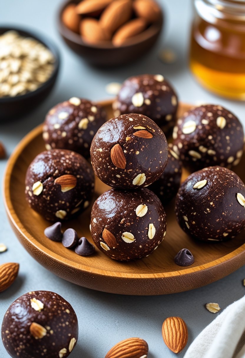 A wooden plate with several no-bake chocolate energy balls surrounded by almonds, oats, cocoa powder, and honey on a kitchen countertop.