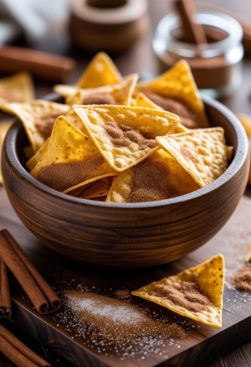 A bowl of cinnamon-sprinkled tortilla chips with cinnamon sticks and cinnamon powder on a wooden surface.