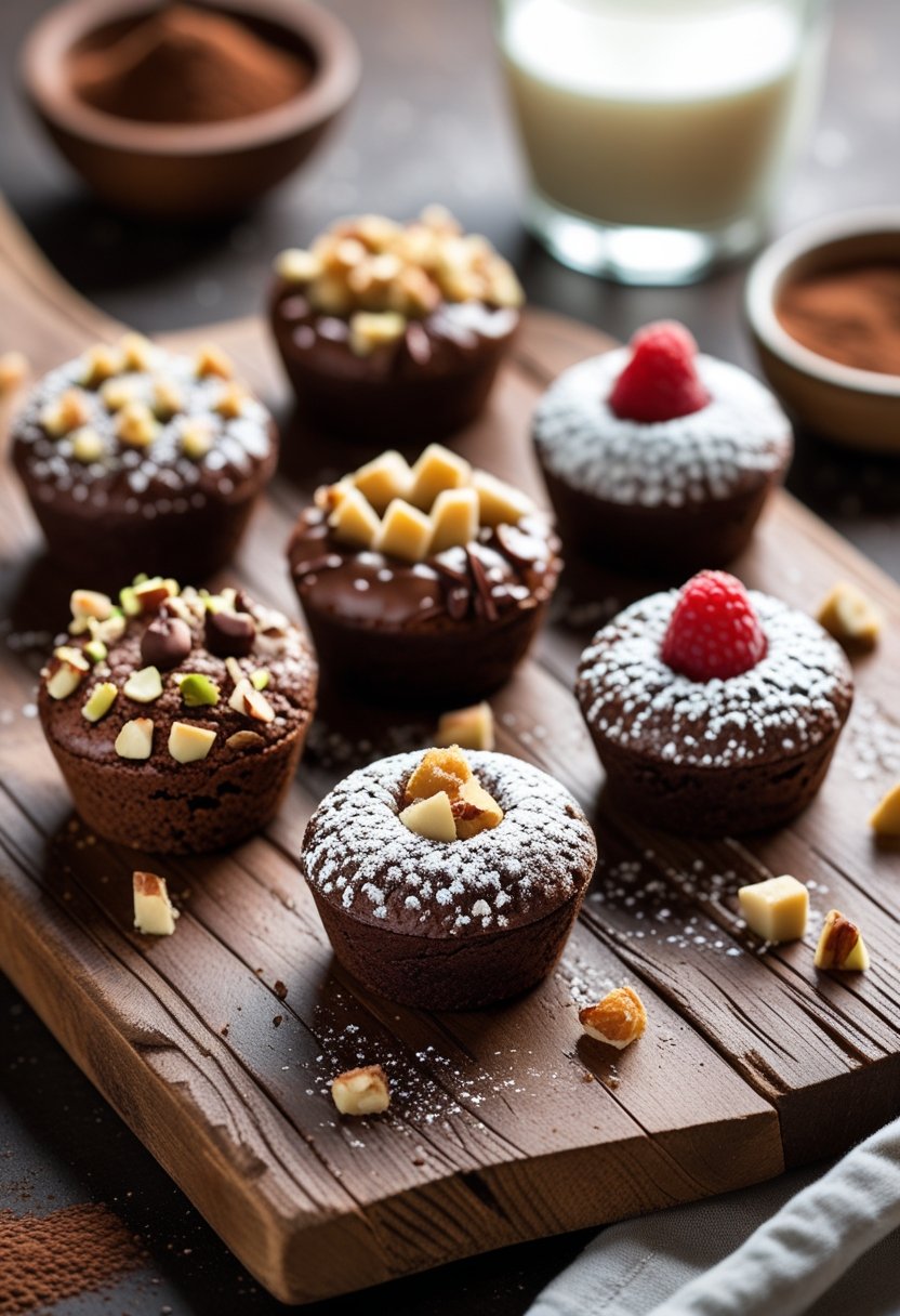 A wooden board displaying seven different brownie bites with various toppings, accompanied by a glass of milk and a small bowl of cocoa powder.