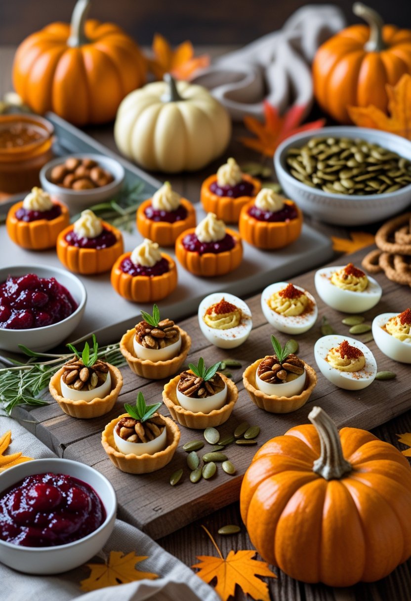 A table displaying a variety of Thanksgiving appetizers including stuffed mini pumpkins, cranberry tartlets, deviled eggs, and bowls of cranberry sauce and nuts with fall decorations around.