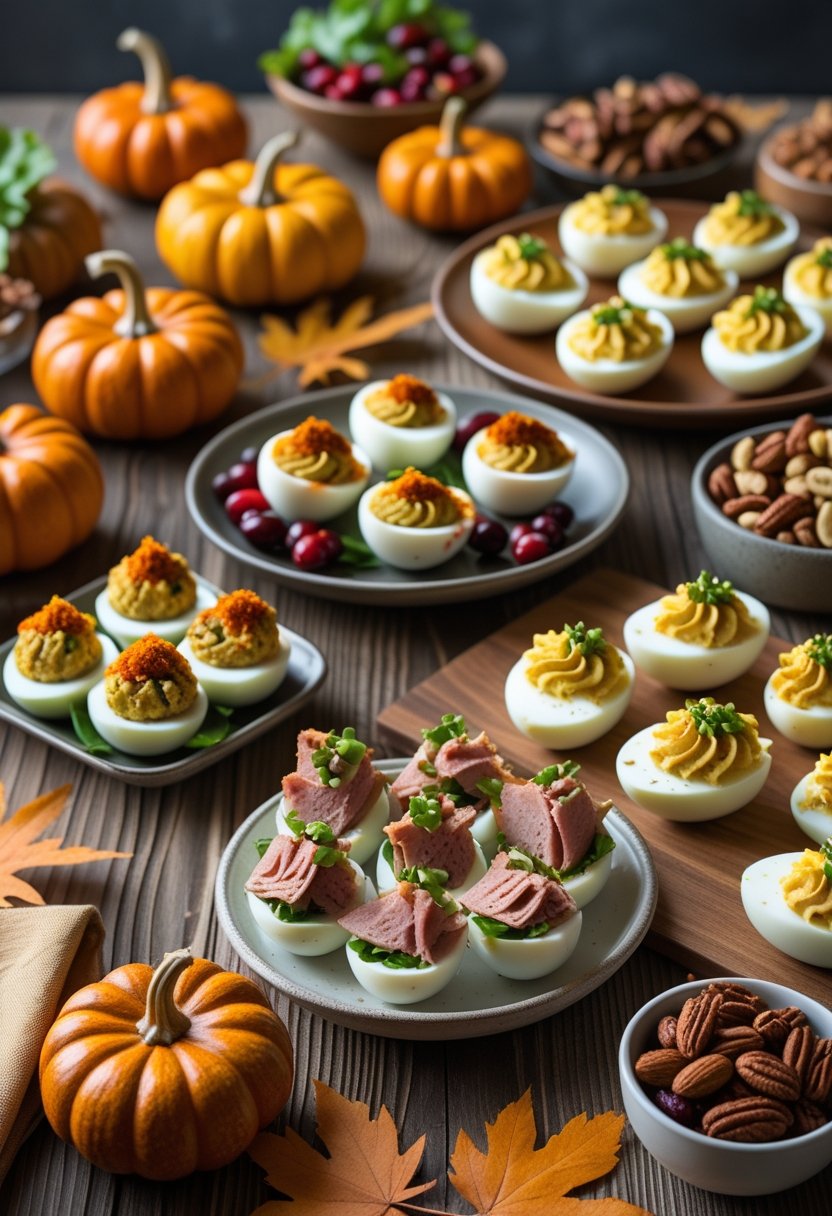 A table with a variety of popular Thanksgiving appetizers including stuffed pumpkins, cranberry brie bites, deviled eggs, turkey sliders, and mixed nuts, decorated with autumn leaves and small pumpkins.