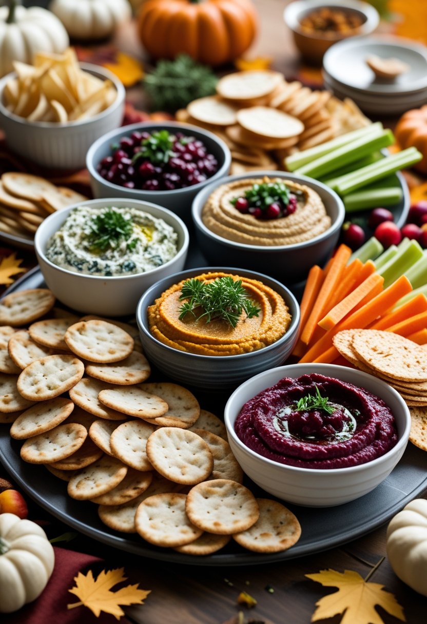 A table with various bowls of Thanksgiving dips and spreads surrounded by pita chips, crackers, and vegetable sticks, decorated with small pumpkins and fall leaves.