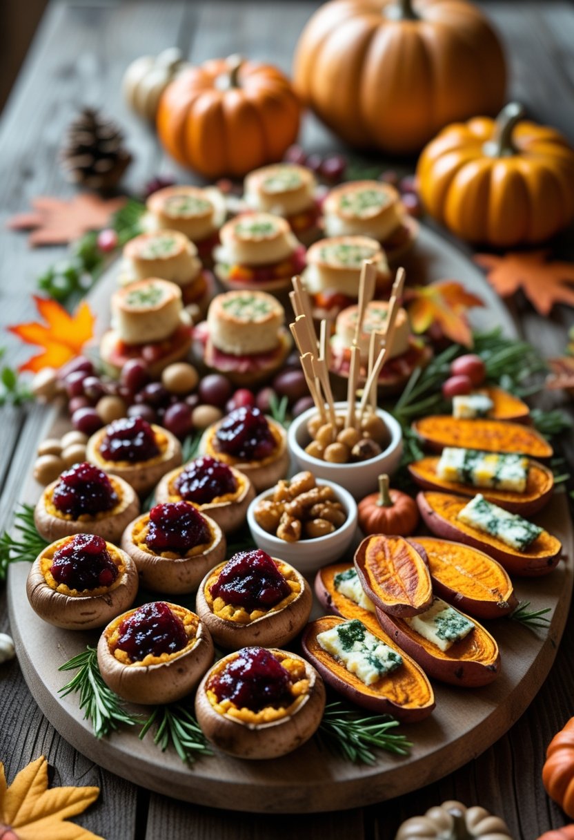 A platter of assorted Thanksgiving appetizers and finger foods on a wooden table with autumn decorations.