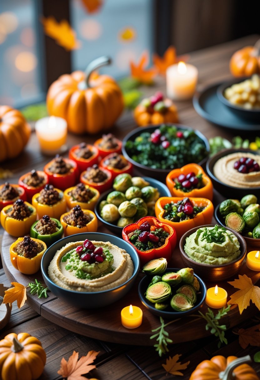 A platter of vegetarian and vegan Thanksgiving appetizers arranged on a wooden table with autumn decorations.
