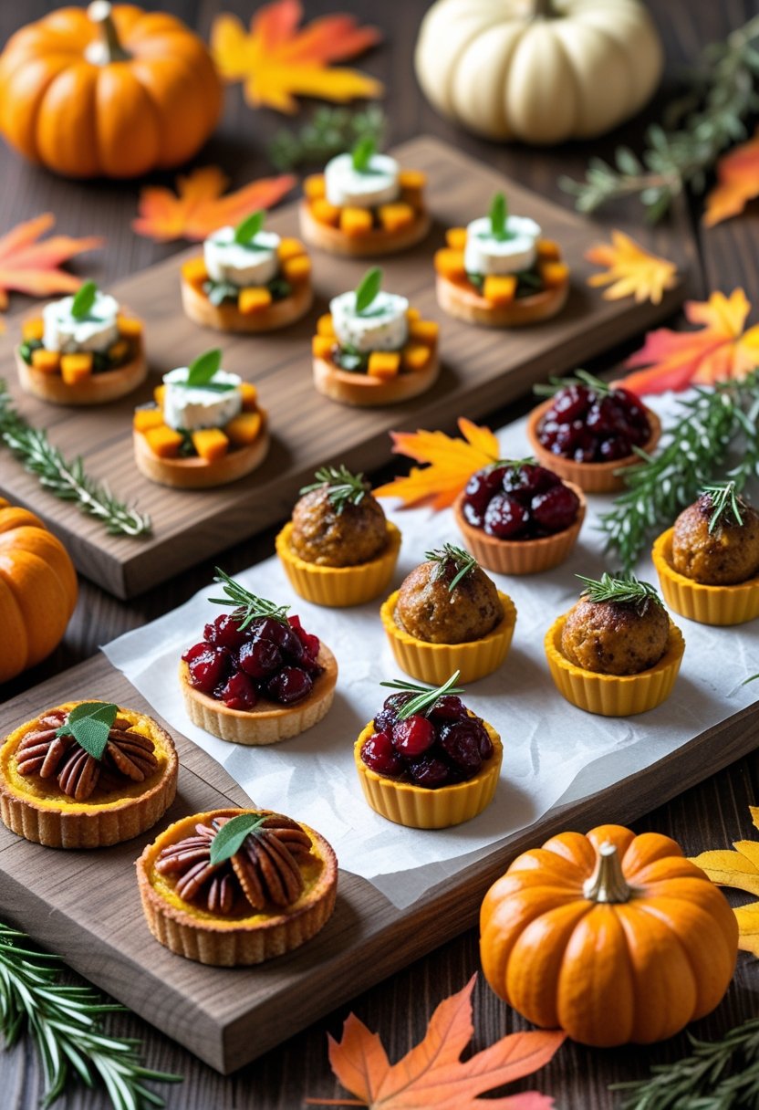 A table with a variety of Thanksgiving appetizers including crostini, tartlets, and meatballs surrounded by autumn decorations.