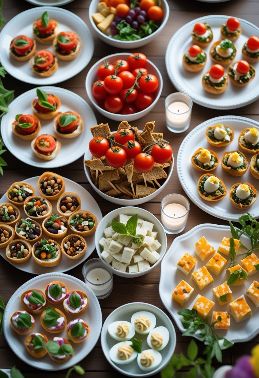 Overhead view of seven different appetizers arranged on a wooden table with fresh ingredients and party decorations.