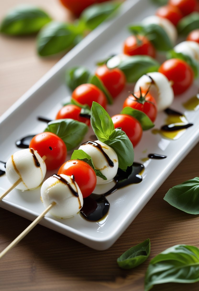 Close-up of Caprese skewers with cherry tomatoes, mozzarella, and basil leaves on a white platter.