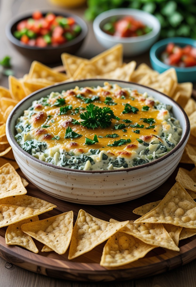 A bowl of spinach and artichoke dip with tortilla chips arranged around it on a wooden table.