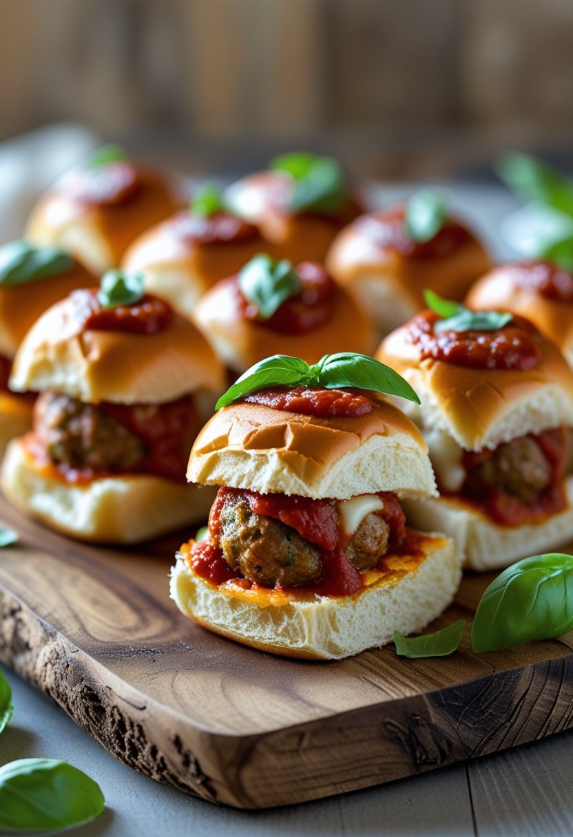 Plate of mini meatball sliders with marinara sauce and basil on a wooden board.