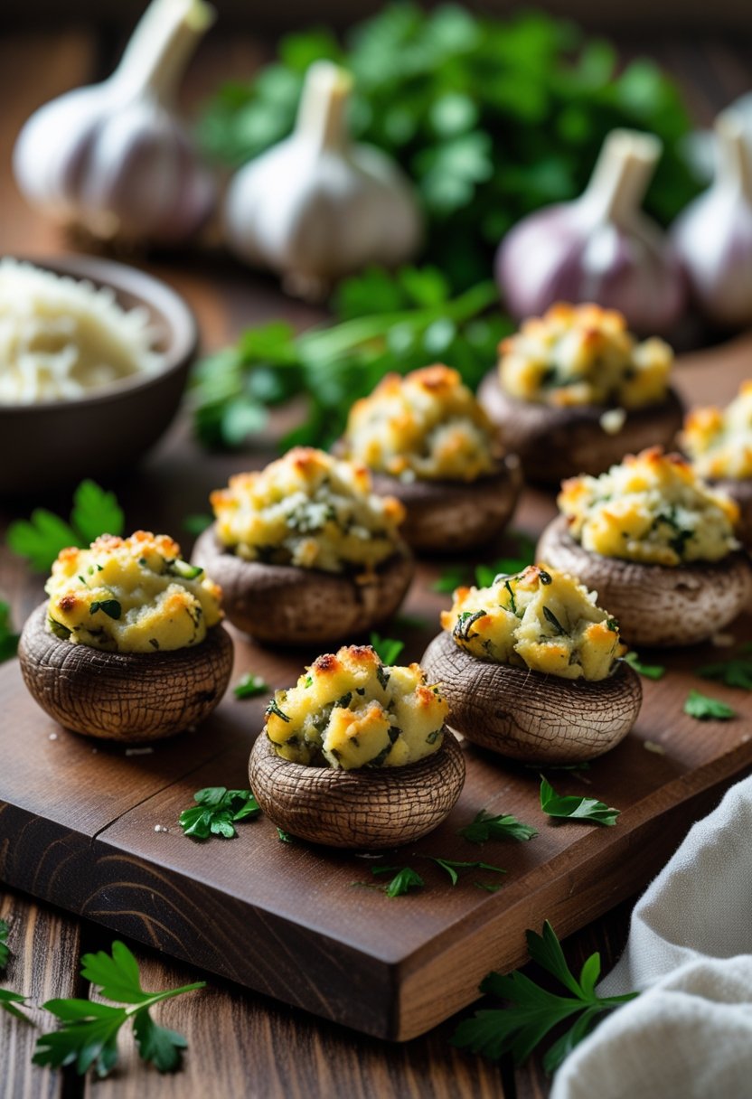 A platter of baked stuffed mushrooms filled with garlic and Parmesan cheese, garnished with herbs on a wooden board.
