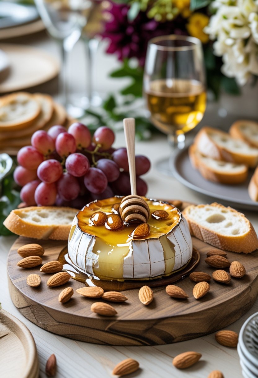 A platter of baked brie topped with honey and almonds, surrounded by sliced baguette, grapes, and nuts on a wooden table.
