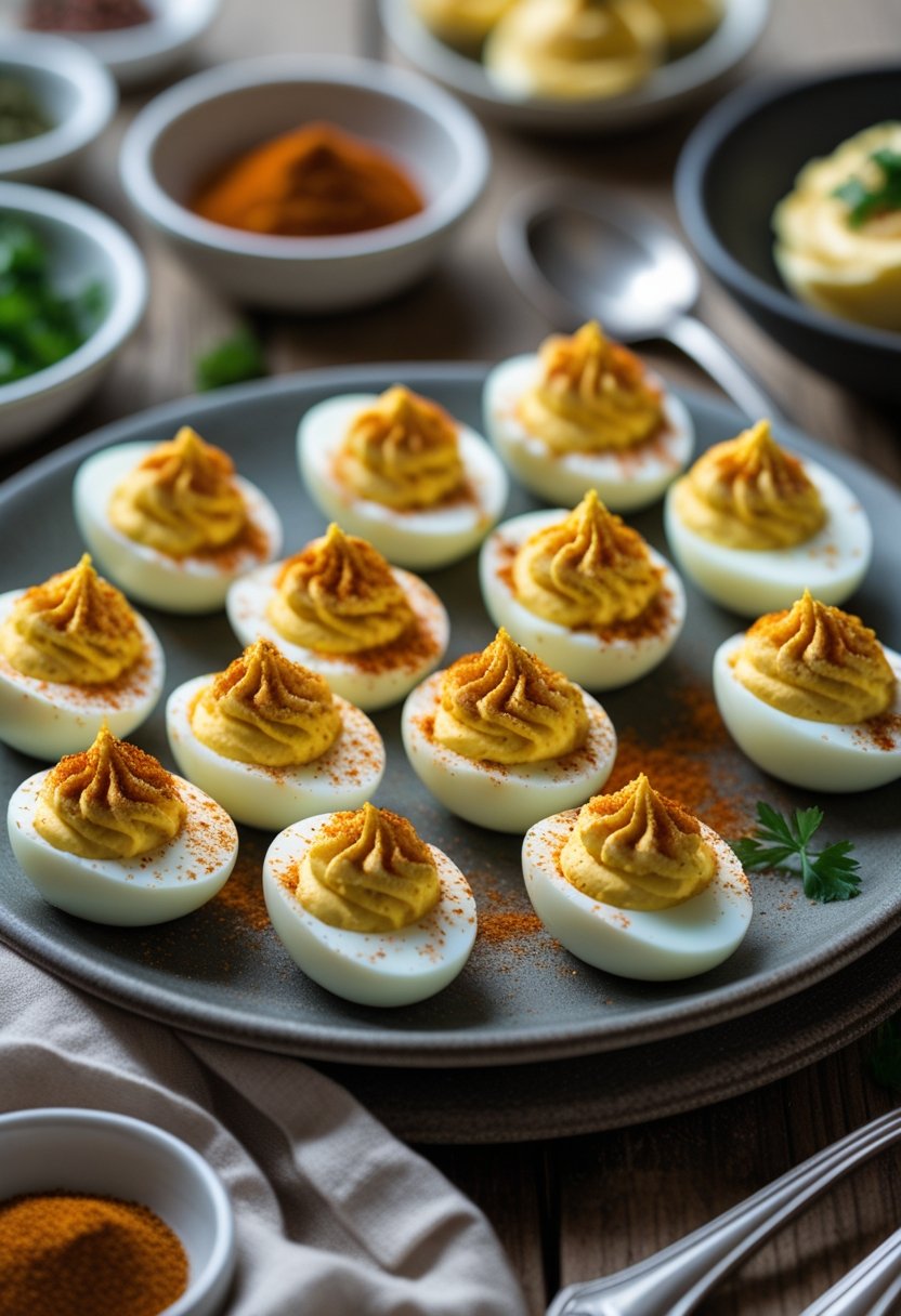 Plate of deviled eggs topped with smoked paprika on a wooden table with herbs and serving utensils nearby.