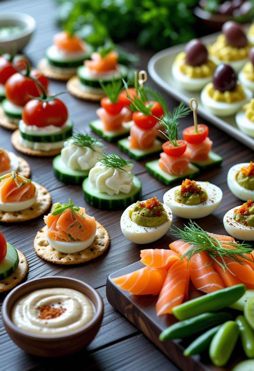 A table displaying seven different cold appetizers including stuffed cherry tomatoes, cucumber slices with cream cheese, smoked salmon on crackers, mini caprese skewers, deviled eggs, olives, and vegetable crudités with dip.