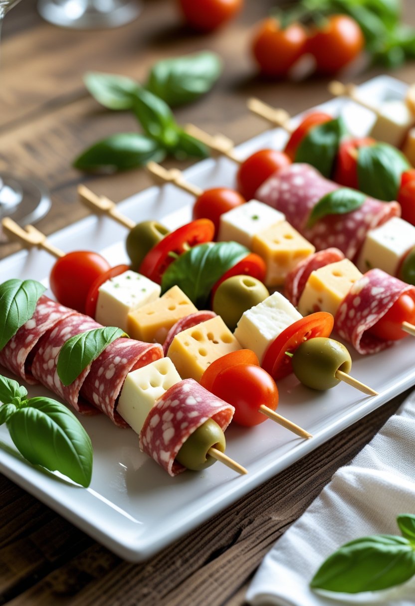 A platter of antipasto kabobs with salami, cheese, cherry tomatoes, olives, and basil on a wooden table.