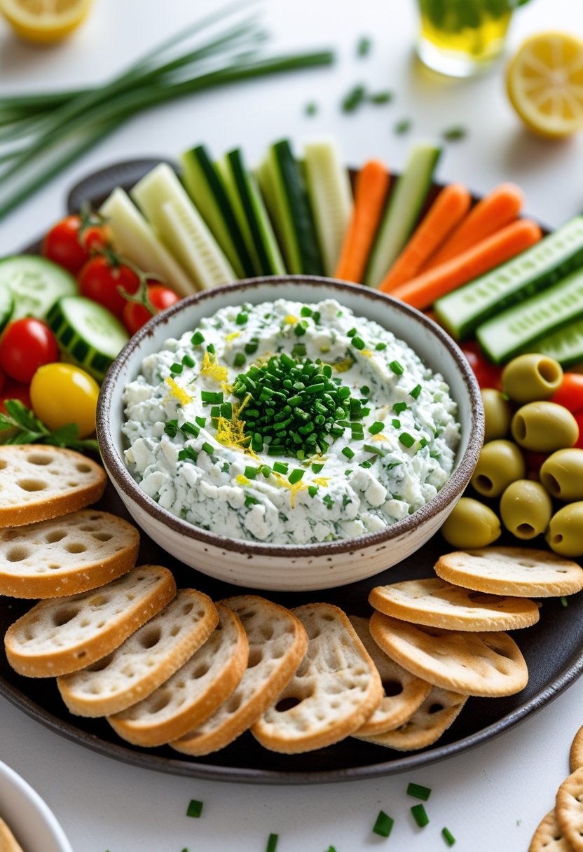 A bowl of lemon-chive goat cheese dip surrounded by various cold appetizers like bread slices, vegetable sticks, cherry tomatoes, olives, and crackers on a table.