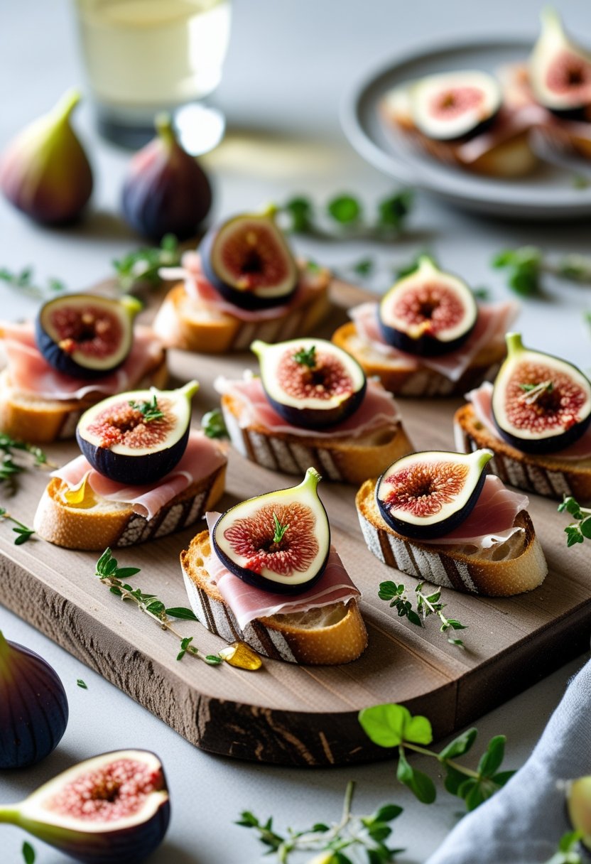 A platter of fig and prosciutto crostini arranged on a wooden board with fresh figs and herbs, set for a party.