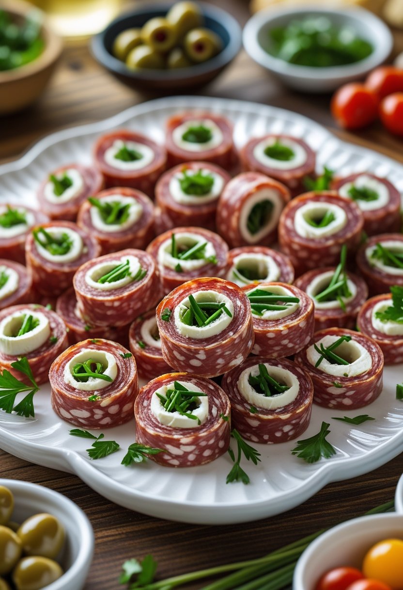 A platter of salami pinwheels filled with cream cheese garnished with herbs, surrounded by other cold appetizers on a wooden table.