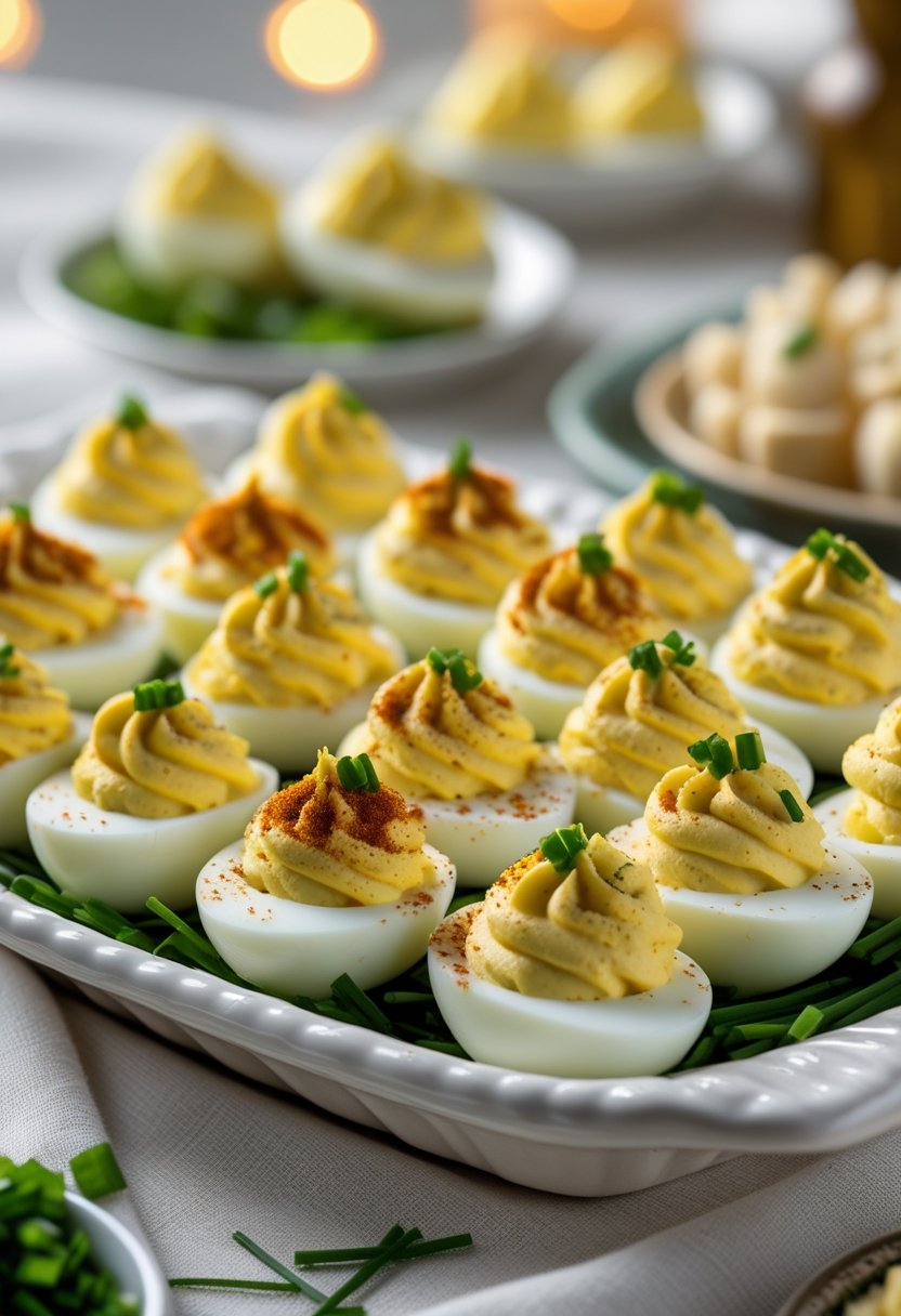 A platter of deviled eggs with yellow filling and garnished with paprika and chives on a white dish at a party.
