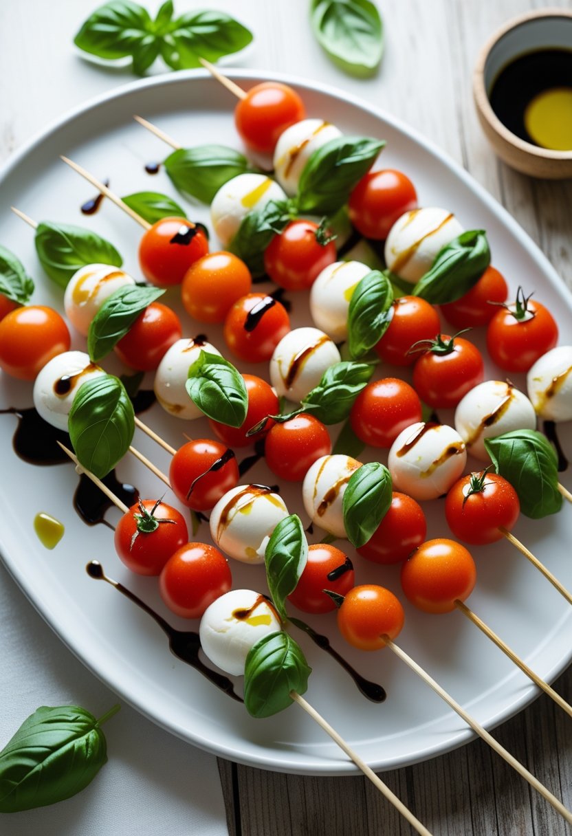 Plate of Caprese skewers with basil, cherry tomatoes, and mozzarella balls on a white platter.