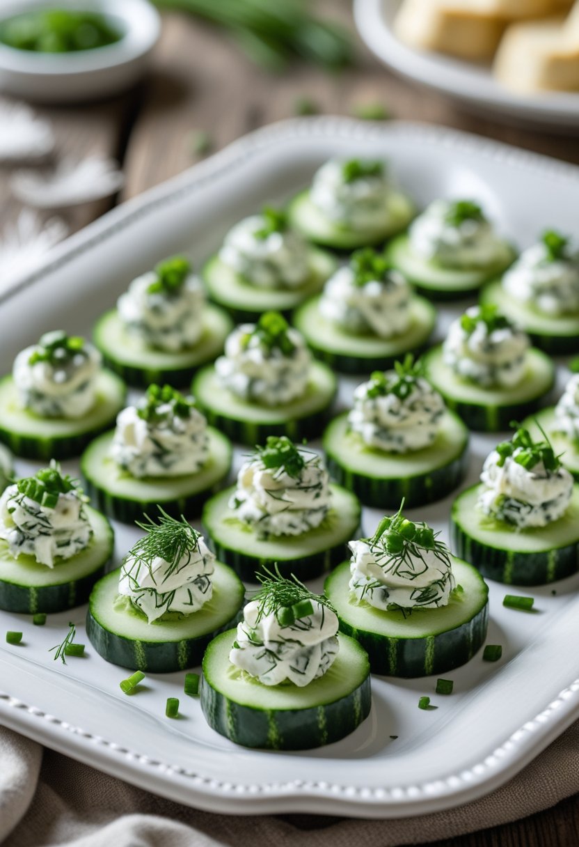 Close-up of cucumber slices topped with herbed cream cheese arranged on a platter on a wooden table.
