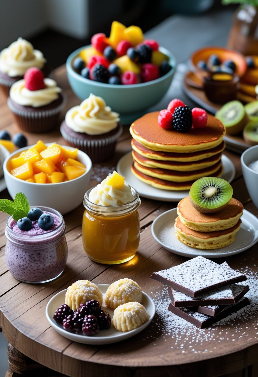 An assortment of seven gluten-free desserts including cupcakes, chocolate cake slice, fruit salad, pancakes with syrup, chia pudding, coconut macaroons, and chocolate bark displayed on a wooden table.
