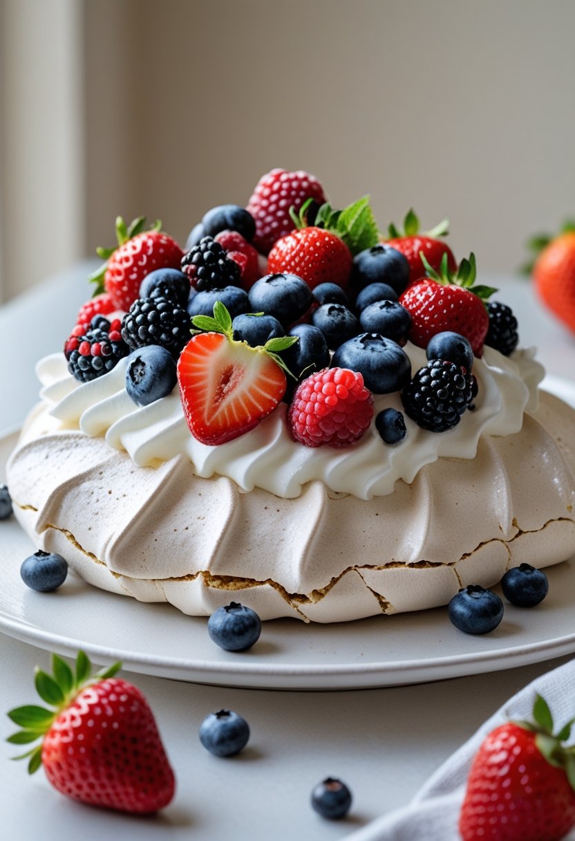 A pavlova dessert topped with whipped cream and fresh strawberries, blueberries, raspberries, and blackberries on a white plate.