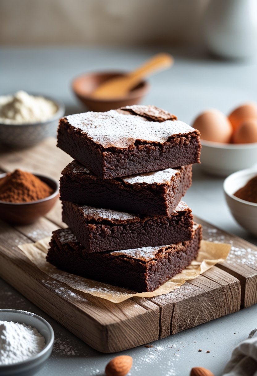 A stack of gluten-free brownies on a wooden board with bowls of baking ingredients nearby.