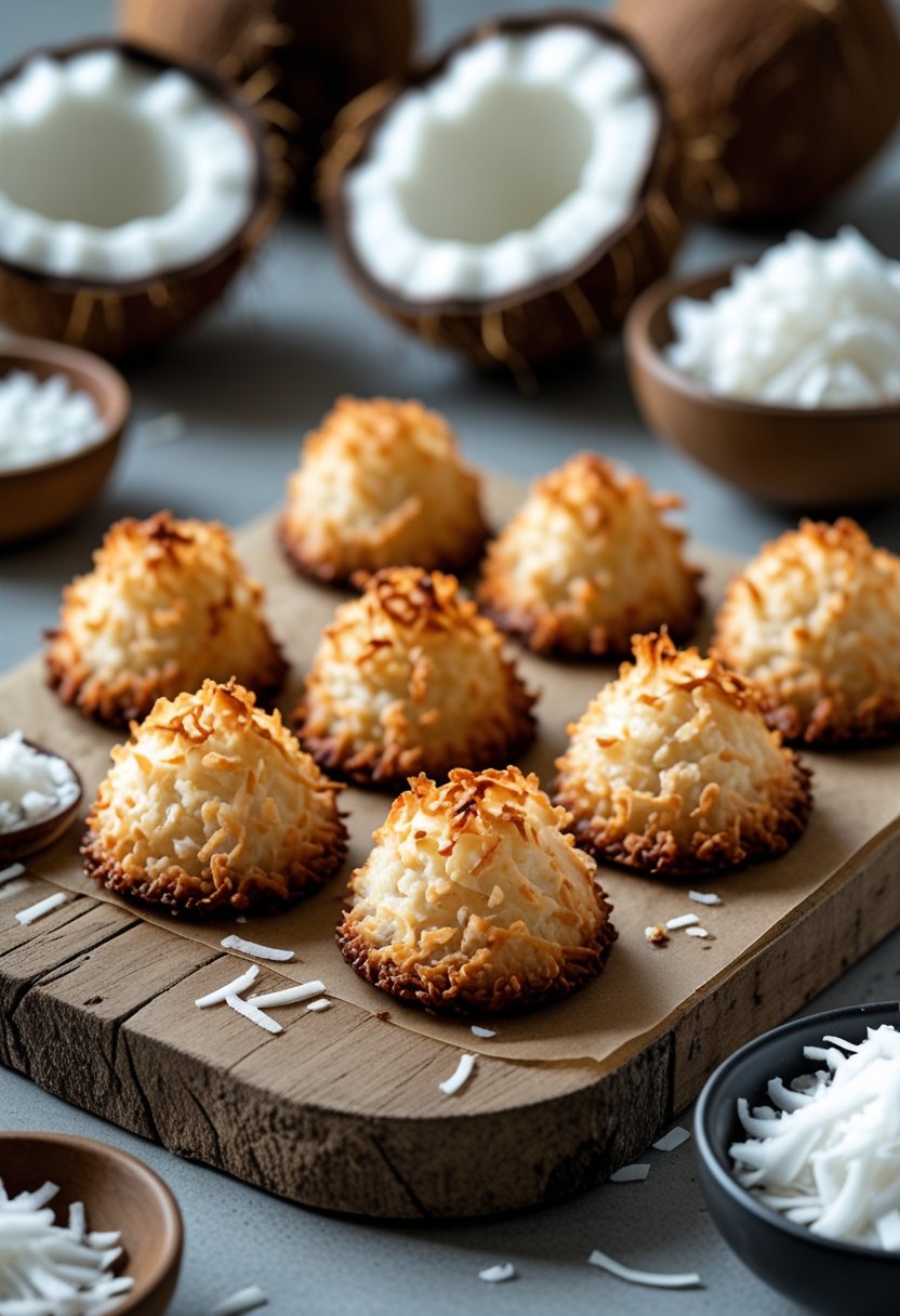 Seven golden-brown coconut macaroons arranged on a wooden board with whole and halved coconuts nearby.
