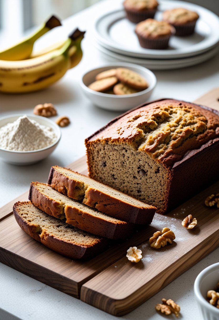 A sliced loaf of banana bread made with gluten-free flour on a wooden cutting board with bananas, gluten-free flour, and walnuts nearby, with other gluten-free desserts blurred in the background.