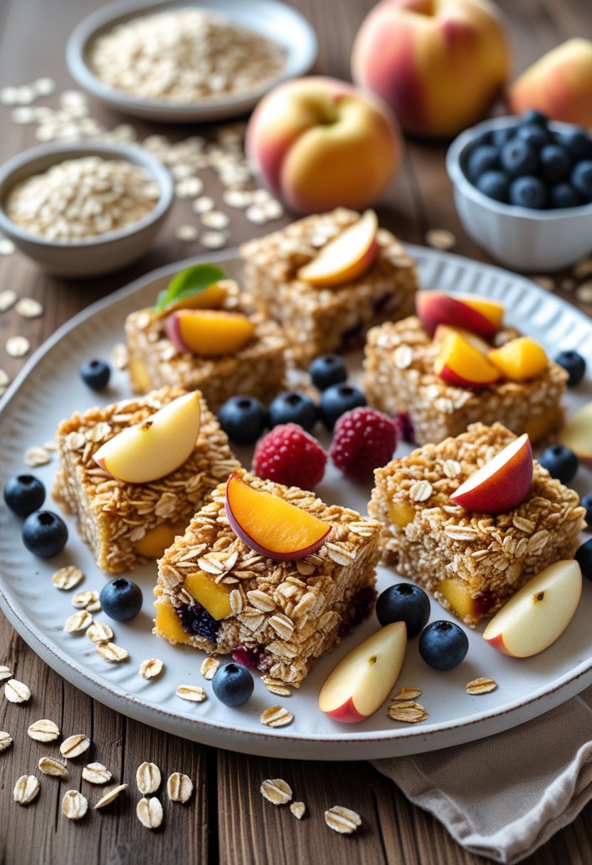 A plate of gluten-free fruit crisps made with oats on a wooden table, surrounded by fresh fruits and scattered oats.