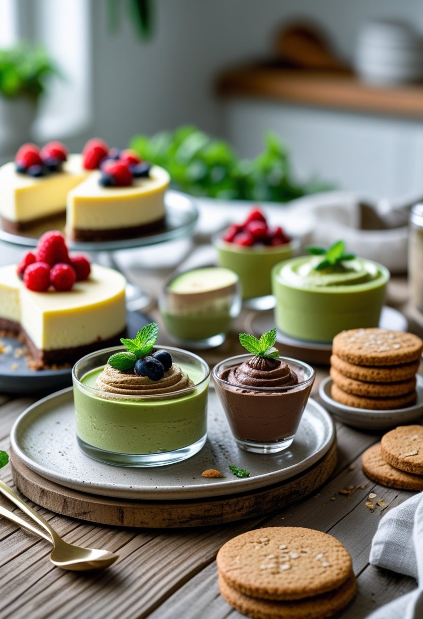 An assortment of sugar-free desserts including cheesecake slices with berries, chocolate mousse in glass cups, and almond cookies on a wooden table.
