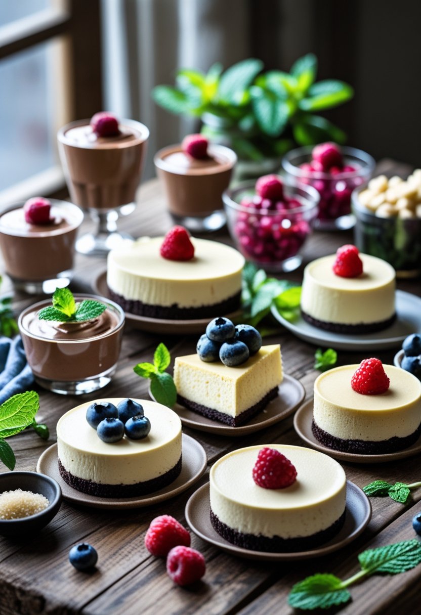 An assortment of sugar-free desserts including chocolate mousse, cheesecake slices with berries, and fruit jellies displayed on a wooden table with fresh berries and mint leaves.