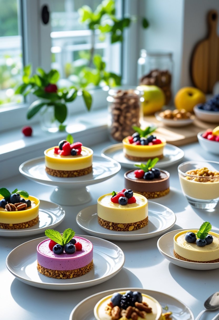 A table displaying a variety of sugar-free desserts including fruit tarts, mousse cups, and chocolate treats garnished with fresh berries and mint.
