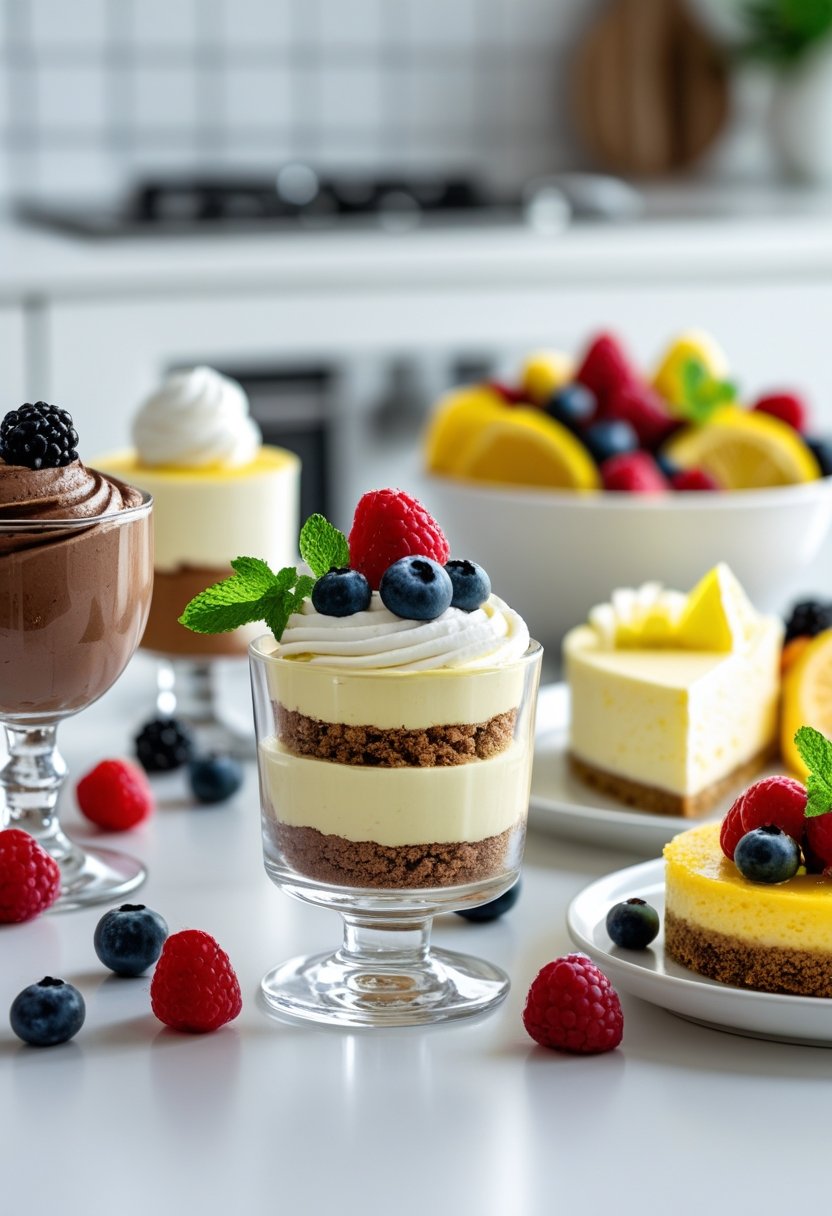 An assortment of sugar-free desserts including chocolate mousse, lemon cheesecake, and fresh fruit on a white table in a modern kitchen setting.