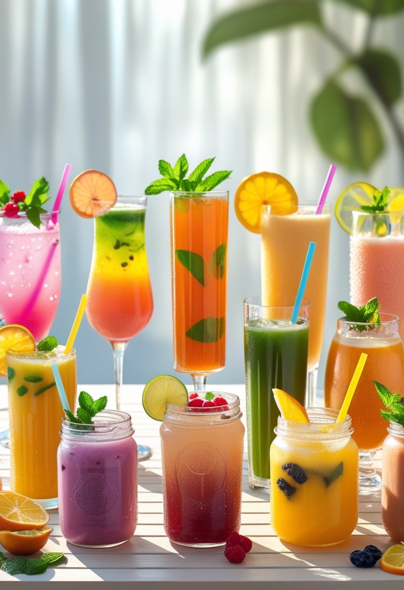 Nine different colorful summer drinks arranged on a table with garnishes and condensation on the glasses.