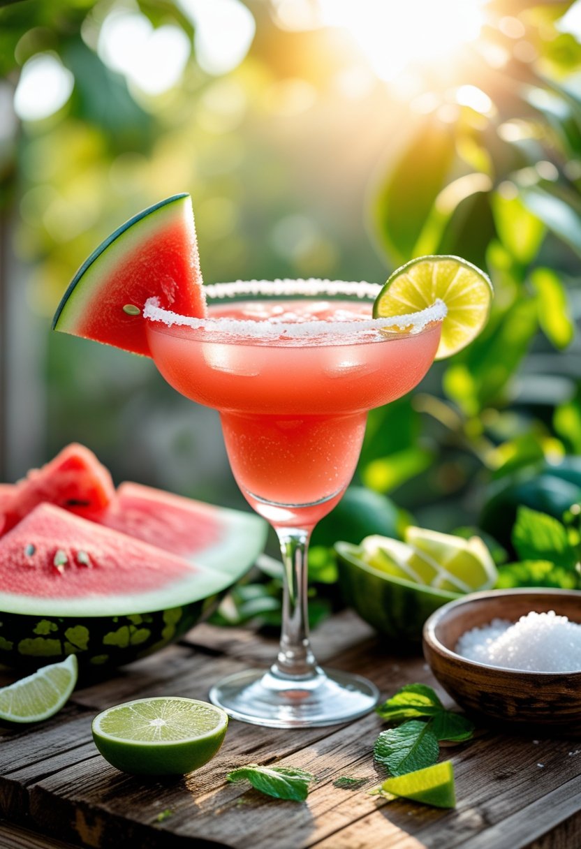 A watermelon margarita glass garnished with watermelon and lime on a wooden table with fresh watermelon pieces and lime slices around it.