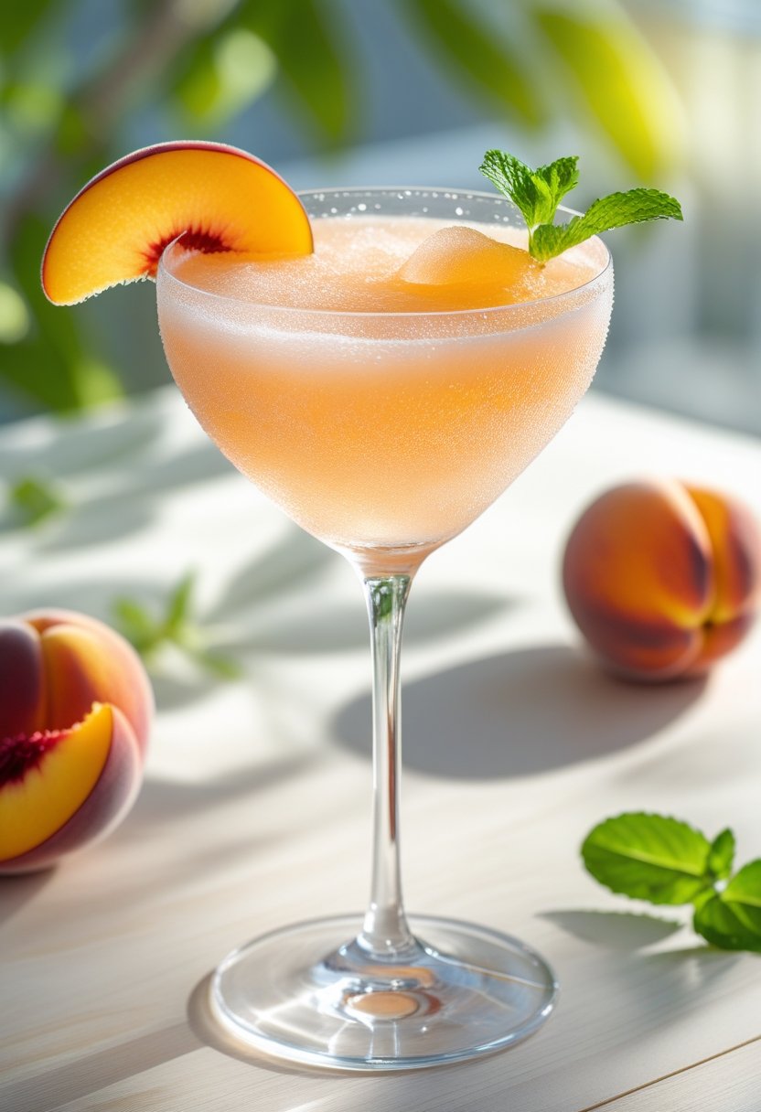 A frozen Peach Bellini cocktail in a champagne flute garnished with a peach slice and mint on a wooden table with a bright outdoor background.