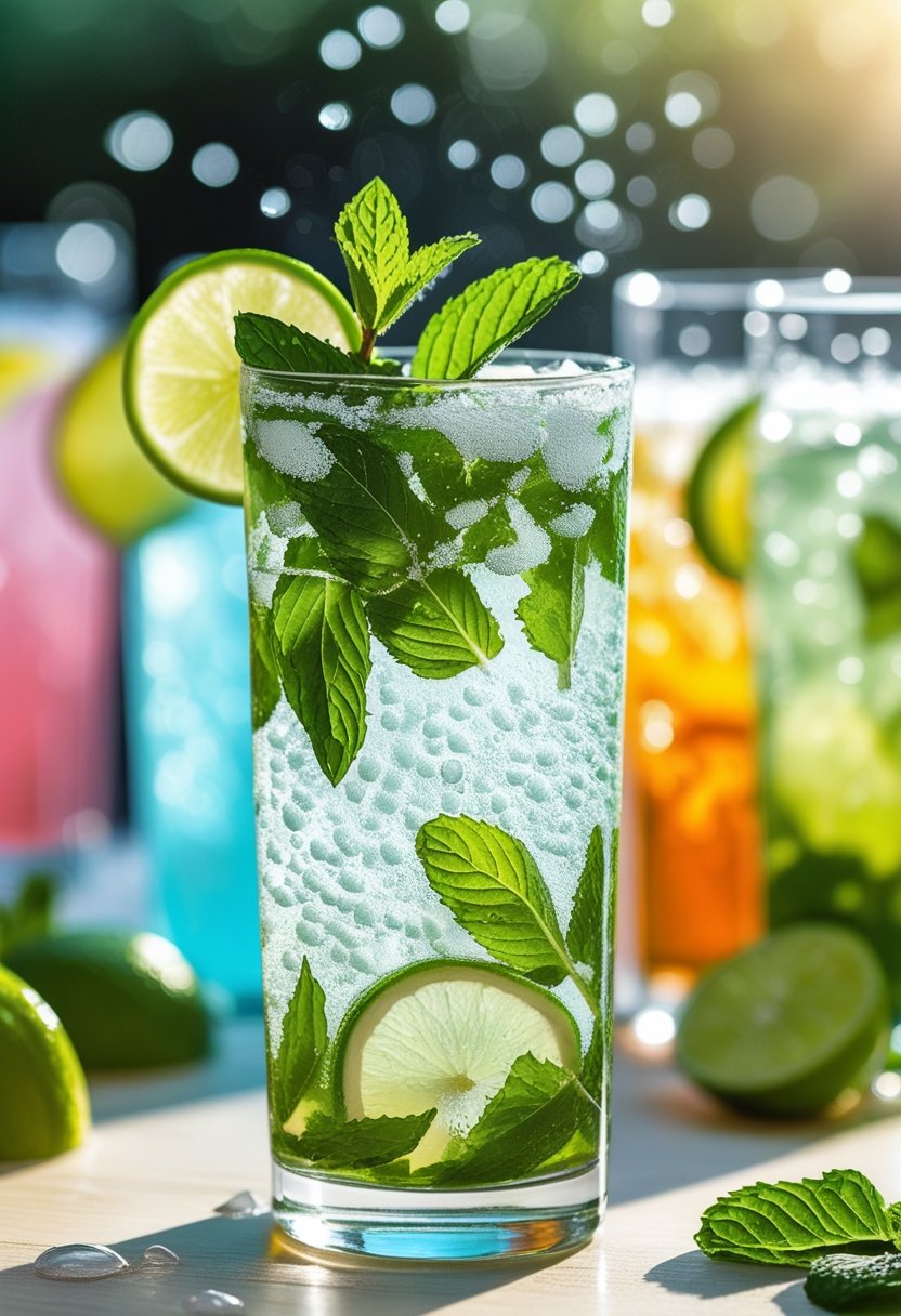 A glass of classic mojito with mint leaves and lime wedges on a wooden table, surrounded by blurred summer drinks in the background.