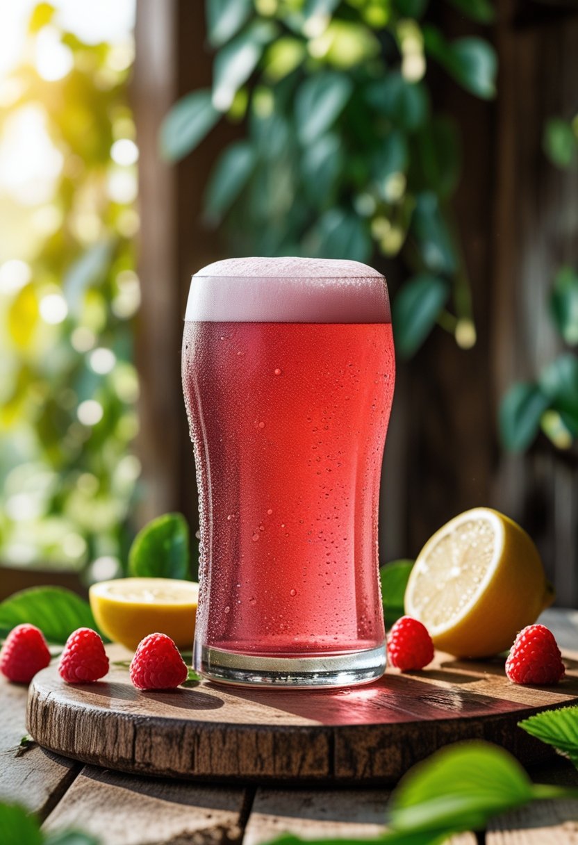 A chilled glass of raspberry beer radler with fresh raspberries and lemon slices on a wooden table in natural sunlight.