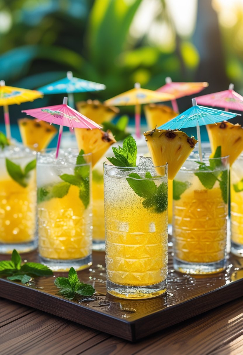 Nine pineapple spritz drinks on a wooden table with pineapple wedges and mint, set outdoors with tropical plants in the background.