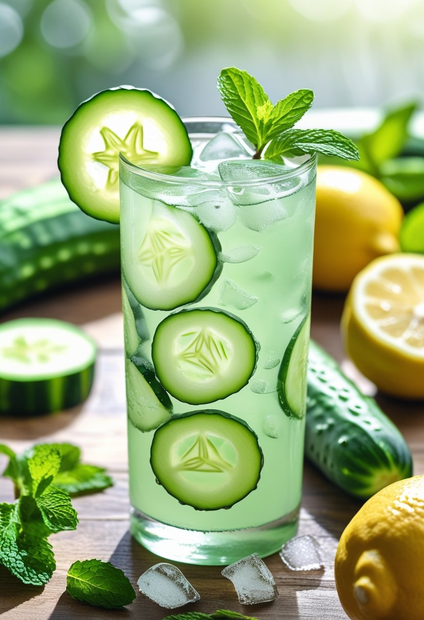 A tall glass of cucumber lemonade cooler with ice, cucumber slices, and lemon wedges on a wooden table surrounded by fresh cucumbers, lemons, and mint leaves.