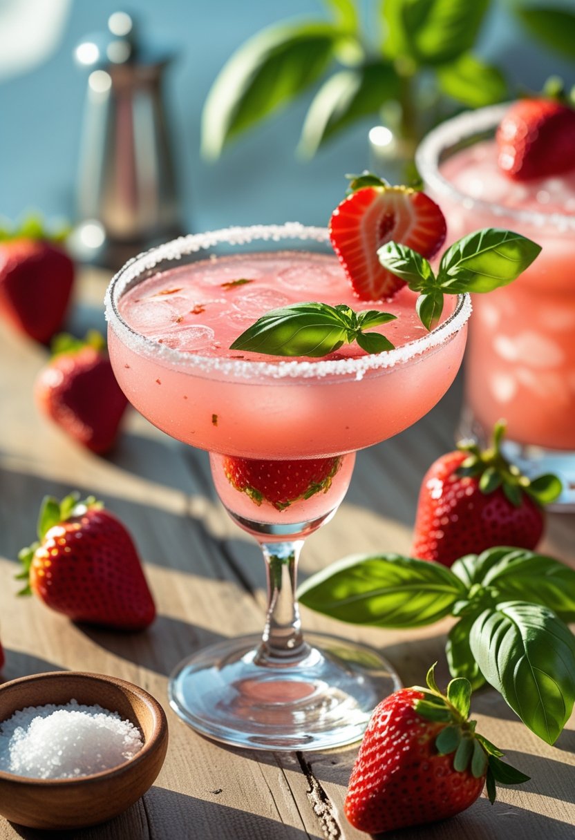 A glass of strawberry basil margarita garnished with basil leaves and a sliced strawberry, surrounded by fresh strawberries and basil on a wooden table.