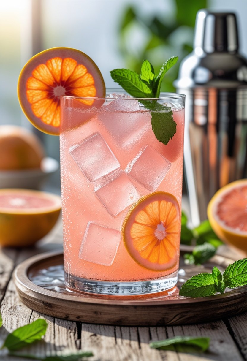 A glass of Paloma cocktail with grapefruit soda, garnished with grapefruit slice and mint, on a wooden table with fresh grapefruits in the background.