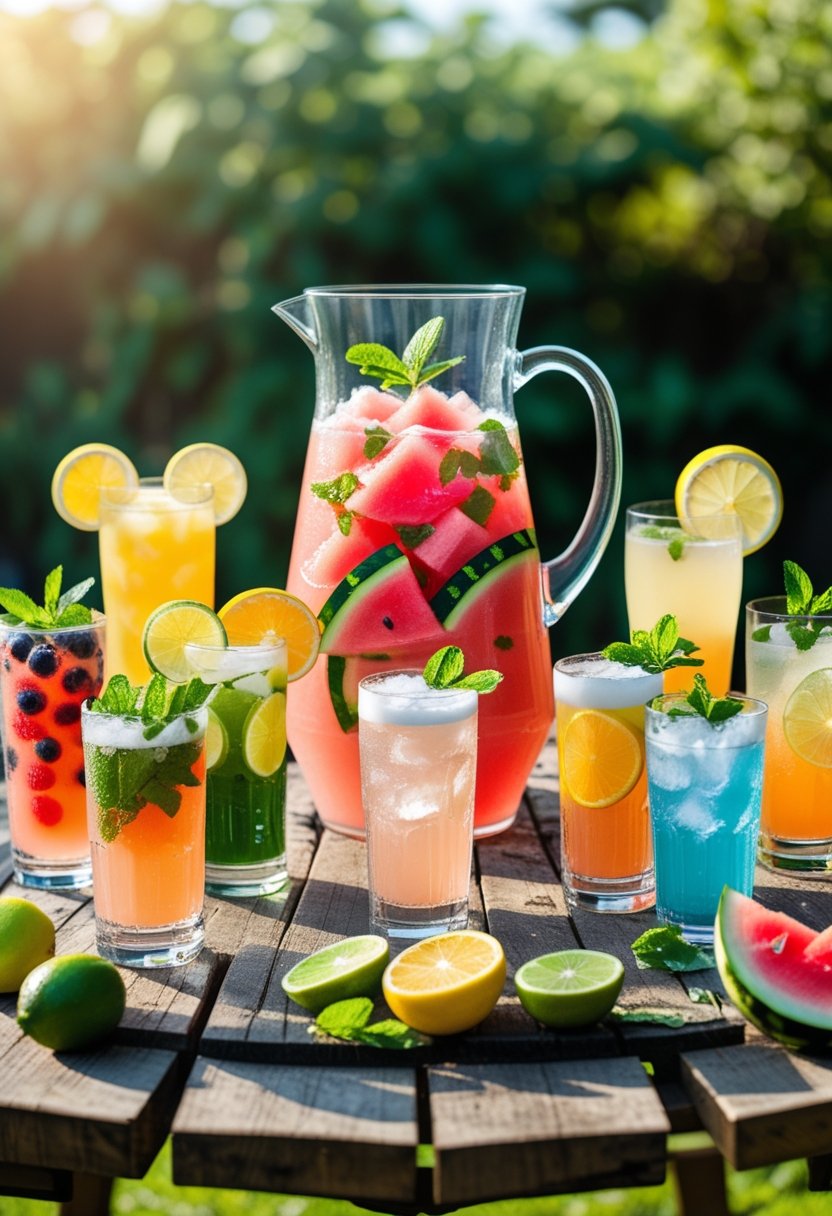 Nine colorful summer drinks including a watermelon punch pitcher and eight assorted beverages with fruit and herb garnishes on a wooden table outdoors.