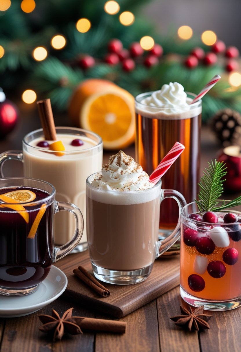 Five different Christmas beverages including mulled wine, eggnog, hot chocolate, cranberry cocktail, and spiced apple cider arranged on a wooden table with holiday decorations in the background.